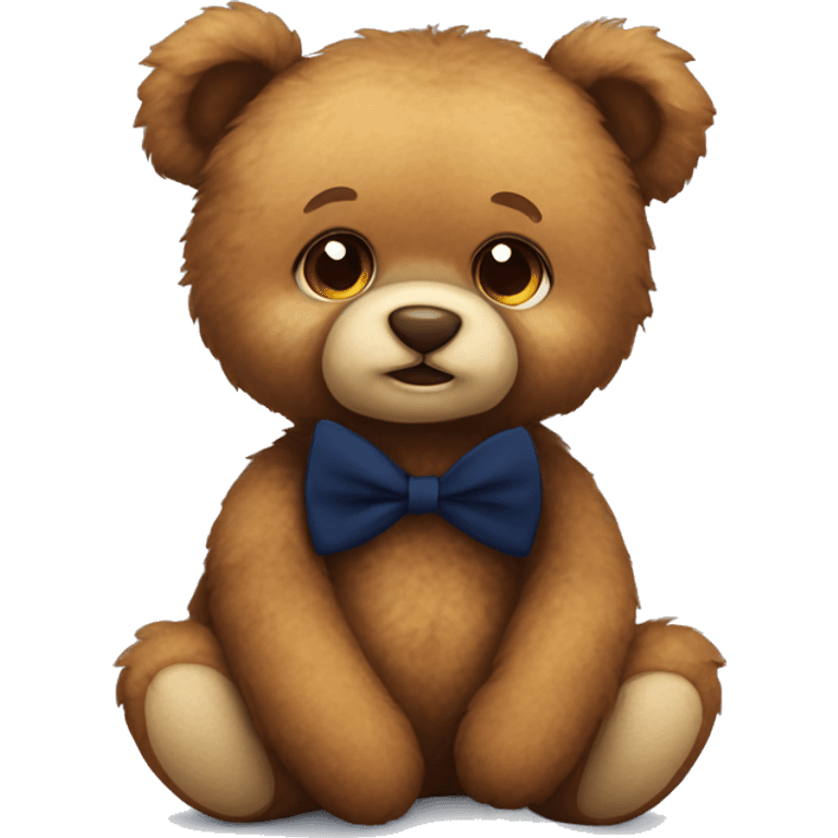 Cute fluffy Brown Teddy bear wearing navy tshirt and bow tie sitting emoji