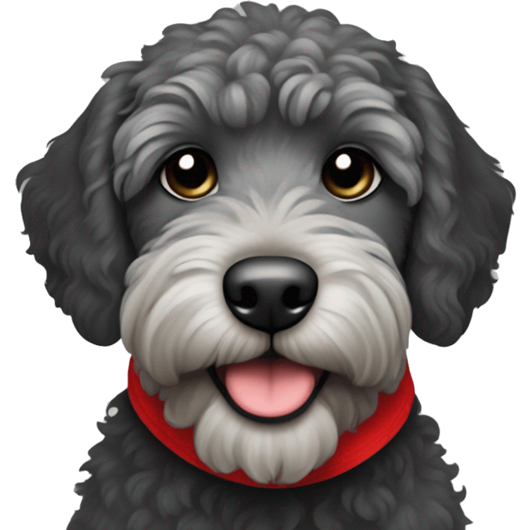 mini black and grey labradoodle dog with red bandana around neck emoji