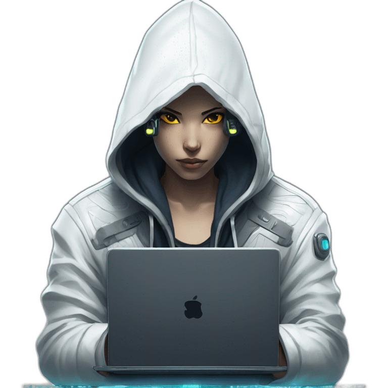 back hoodie and white skin netrunner from cyberpunk with laptop  emoji