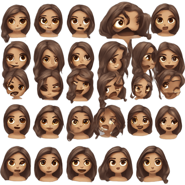 Design a series of Twitch emotes that showcase a bimbo character with long brown hair, big lips and pretty eyes in a series of different expressions emoji