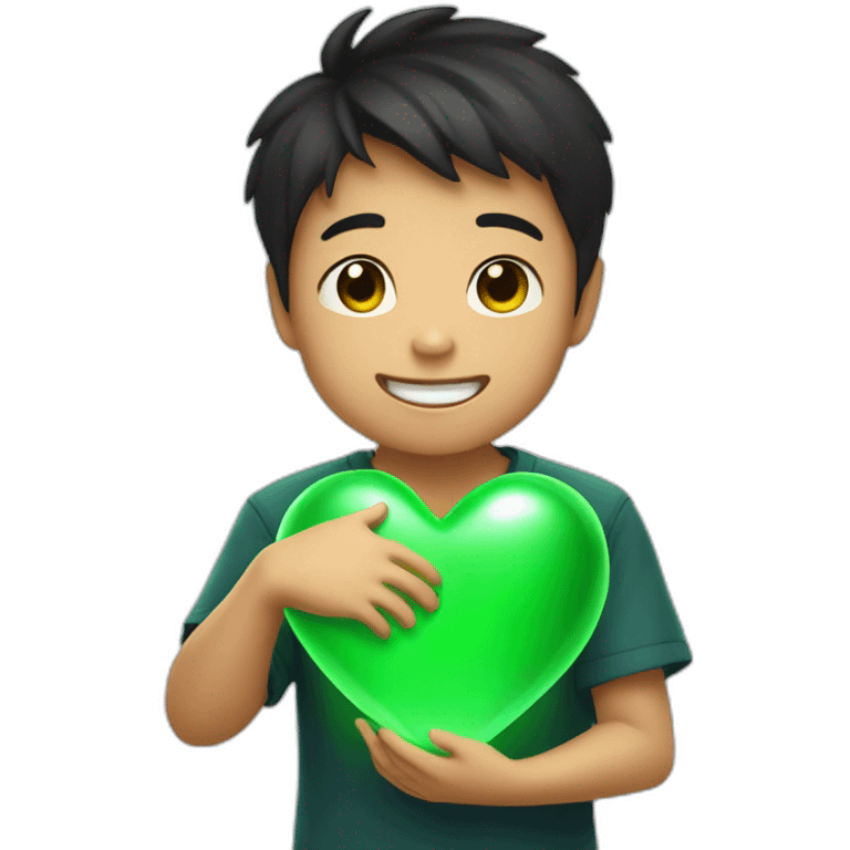 asian boy with a big glowing green heart in hand emoji