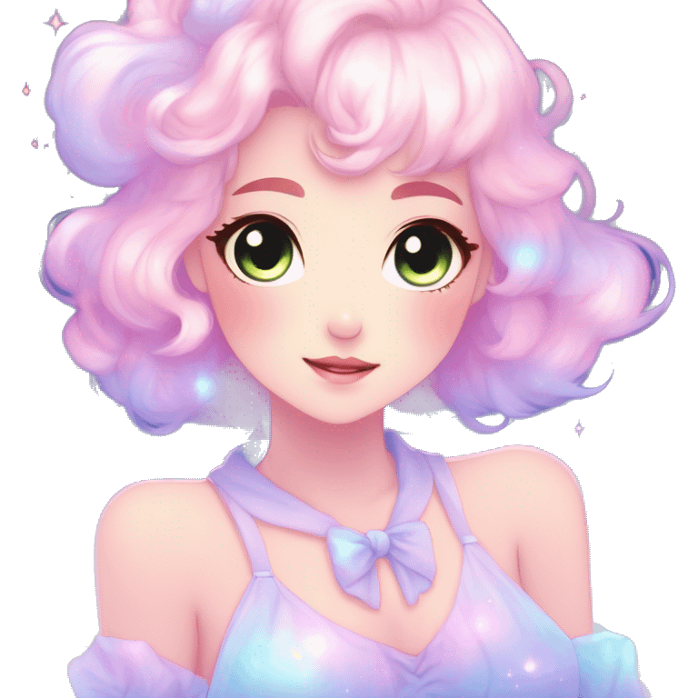 Gorgeous pastel anime style lady blushing nebula-gradient-sparkle face dreamy idol model colorful shiny stars galaxy kawaii cottagecore pearly petite simplistic aesthetic trending style emoji