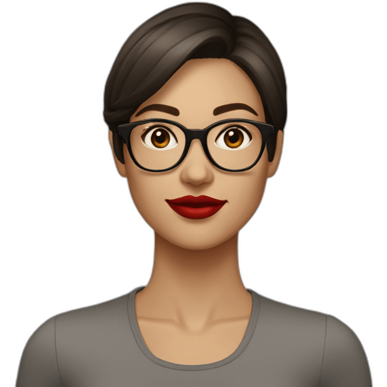 face of a 25 year old caucasia woman with short dark brown straight hair, bright red lipstick, eyeliner, and square light brown glasses emoji