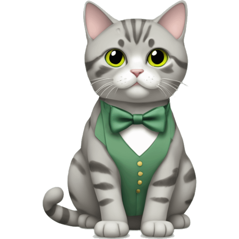 Aesthetic fat grey tabby British short hair full body cat with sage green bow tie emoji