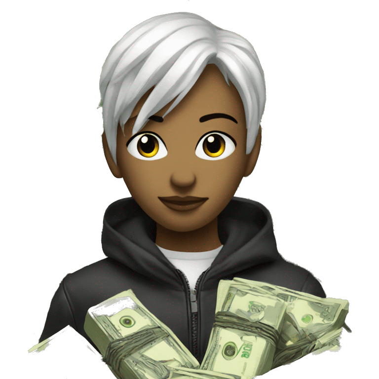 cyber punk in front of  pile of cash emoji