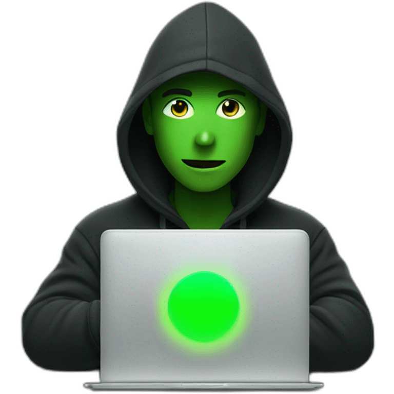 a man wearing a black hoodie behind a laptop screen projecting green light on him emoji