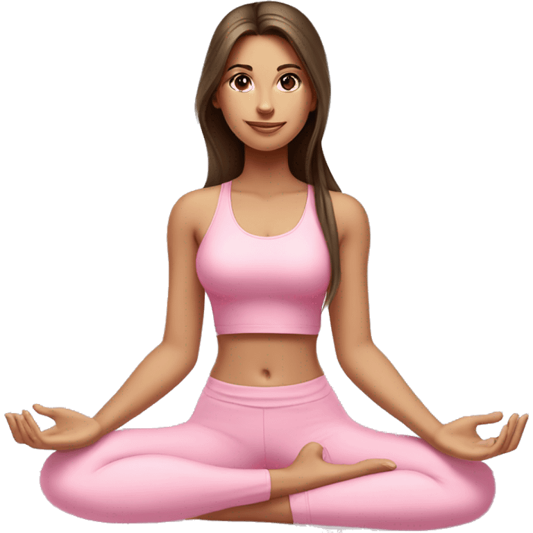 Brunette long hair and green eyes yoga beautiful girl in light pink pink pink clothes sitting on a yoga mat emoji