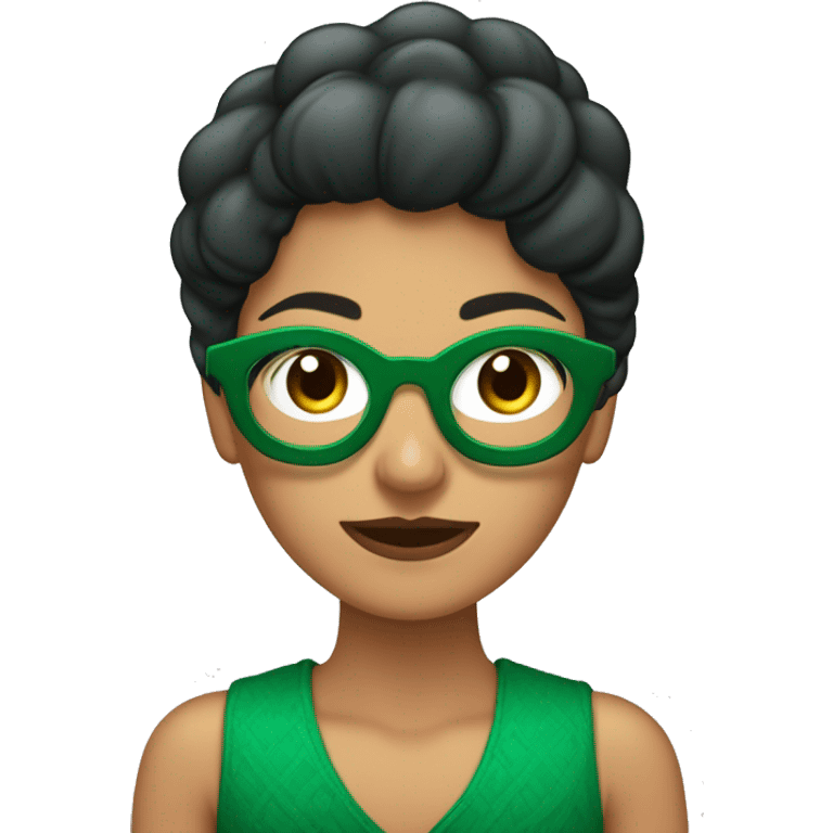 Mujer morena con ojos verdes, pecas, lentes cuadrados y cabello lacio corto. Cobrizo  emoji