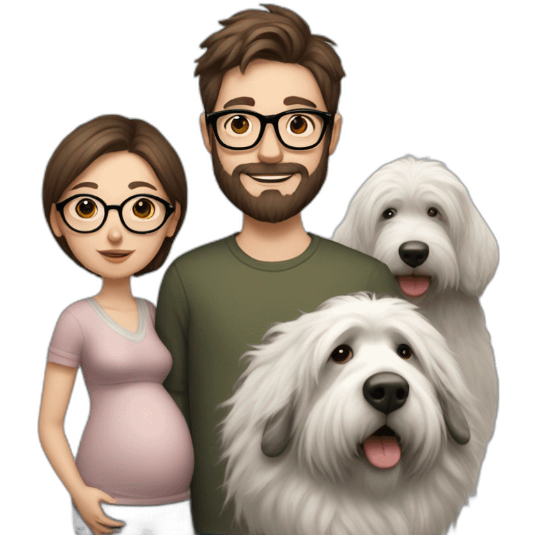 Hyperrealist Pregnant girl with half long brown hair with glasses, a boy with long beard, glasses and short hair and english sheepdog emoji