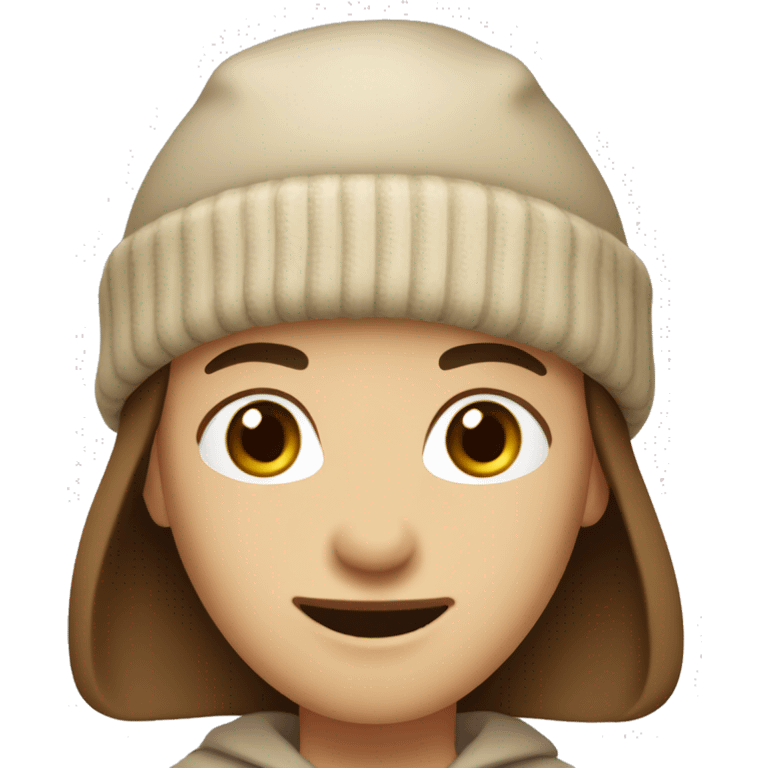 A person with medium-length brown hair, beige beanie, brown eyes, soft smile. No body only head, face. emoji