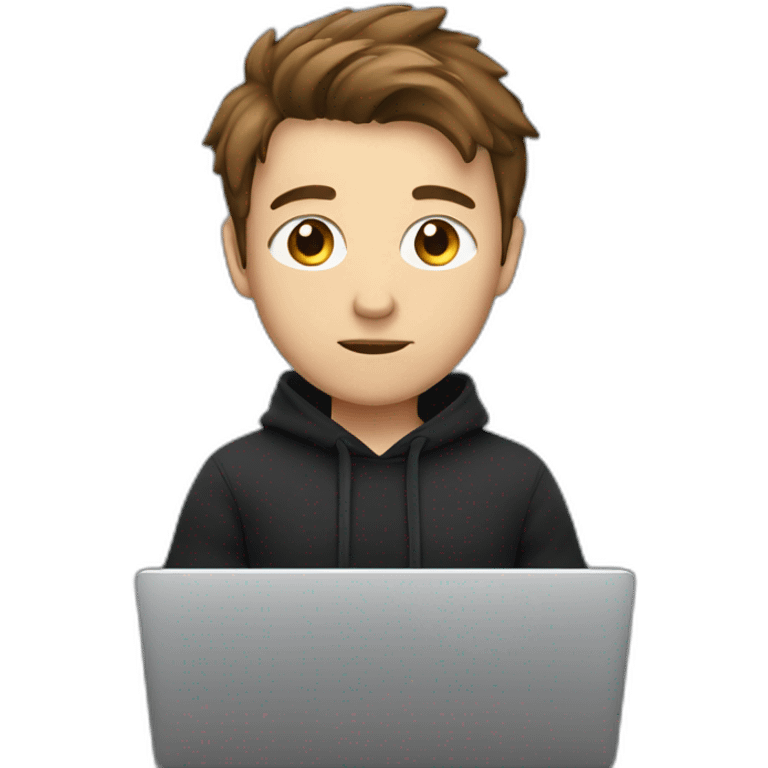 a focused white man, wearing a black hoodie, with brown hair, behind a laptop screen emoji