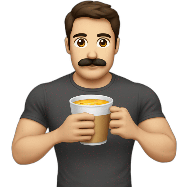 Señor rubio con bigote y café y tortilla española en las manos con una camiseta que pone siboney y cara de enfadado emoji