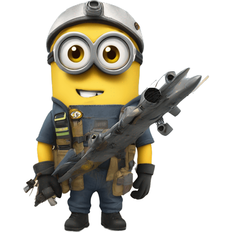 A Minion in survival gear with an exploding airplane in the background  emoji