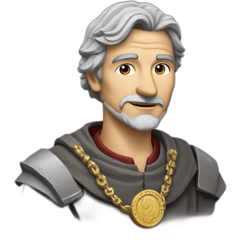 medieval coin engravers guild leader, 50 years old, grey hair, bust, has a necklace with a coin, has a coin in one hand emoji