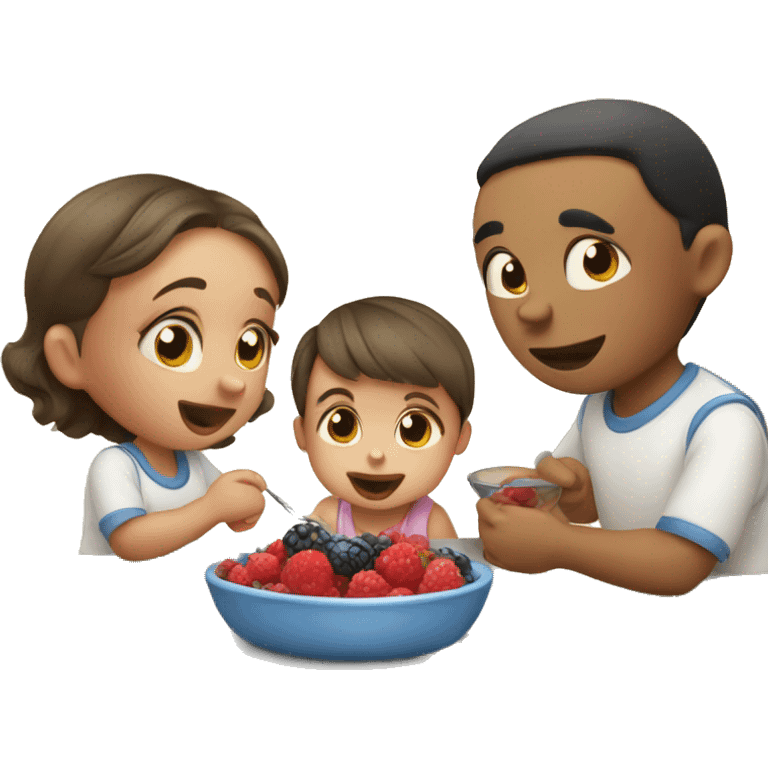 Baby and parents are eat berries on the kitchen  emoji