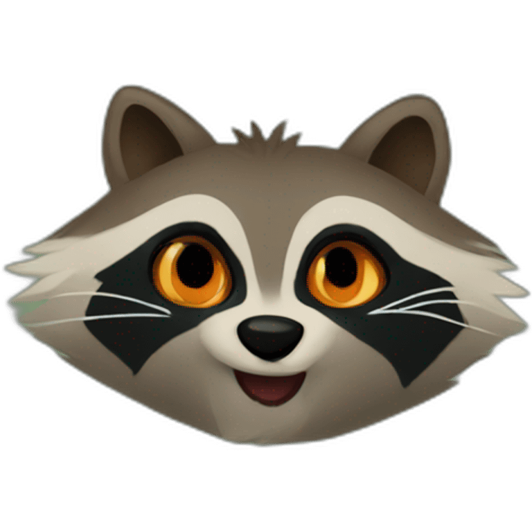 brown raccoon with orange eyes and a dark green hood that is laughing emoji