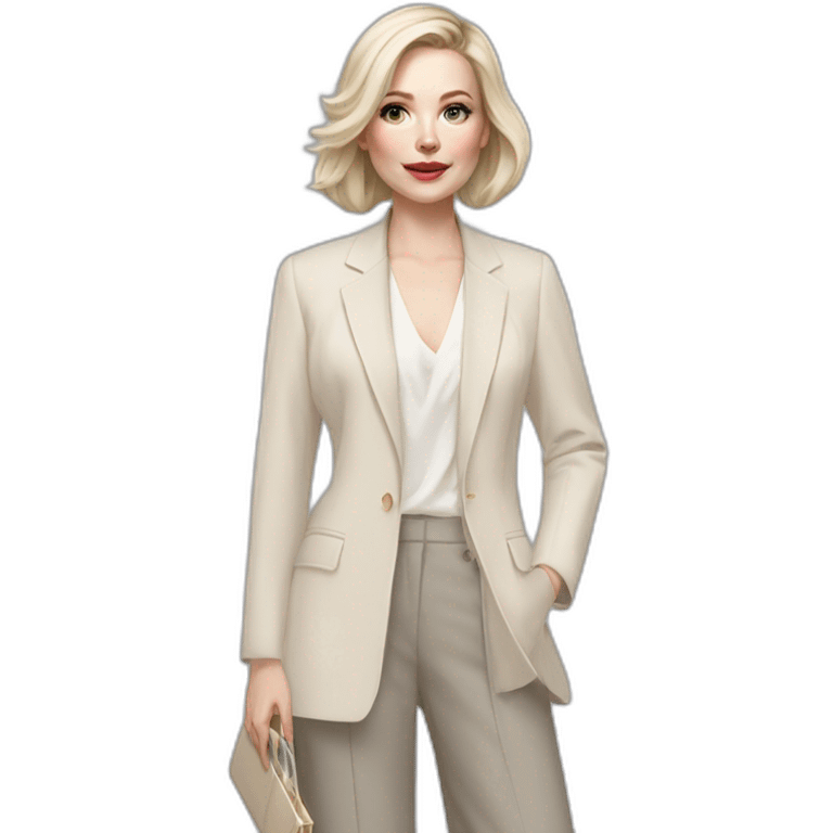 pale skin woman with ash blonde Straightened bob Hair, White Spacious classical jacket, beige palazzo Arrow pants and gray blouse holding a color palette in the hands emoji