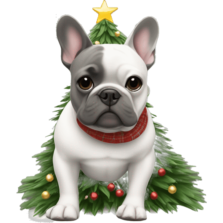 Grey French bulldog wearing Uggs in a Christmas tree emoji