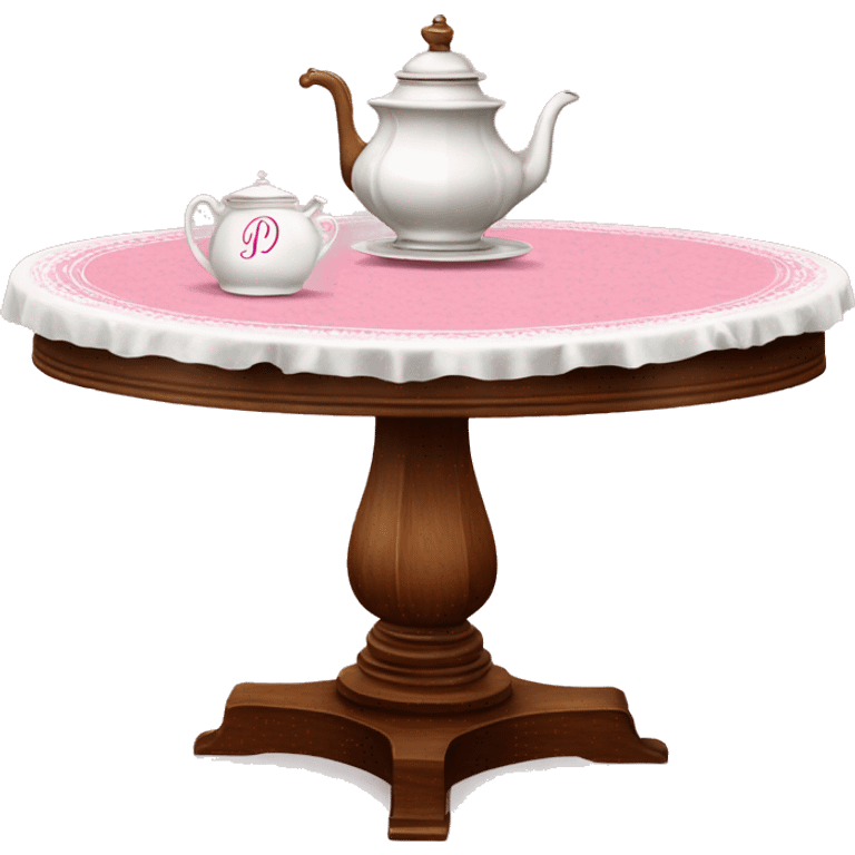 A cute round wooden tea table regency style with pink and white tablecloth on it with monograms emoji