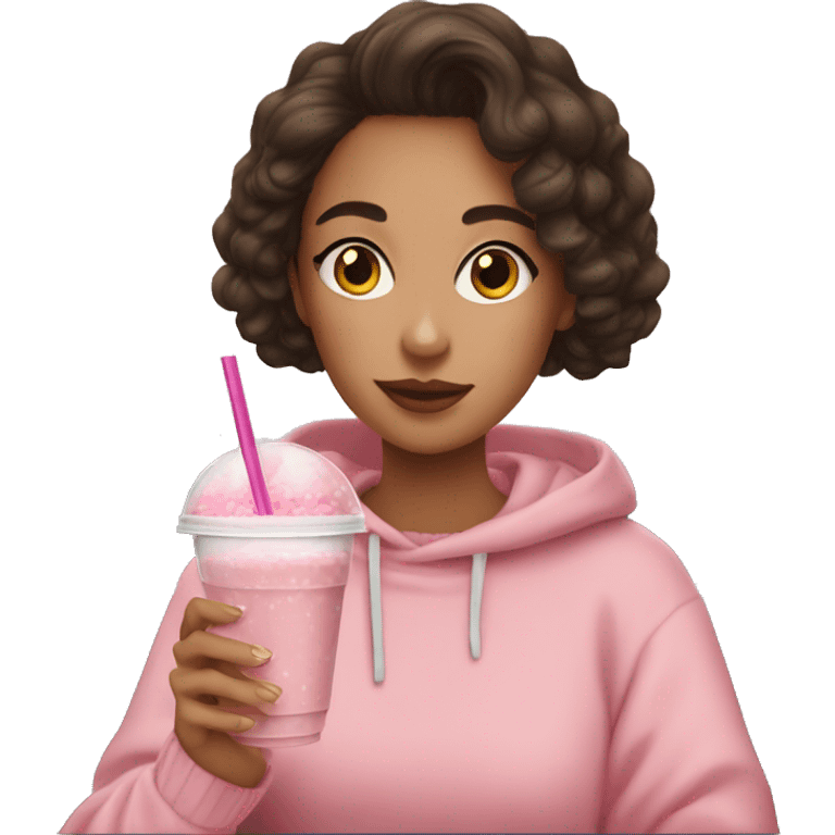 Brunette girl in a pink sweater drinking bubble tea emoji