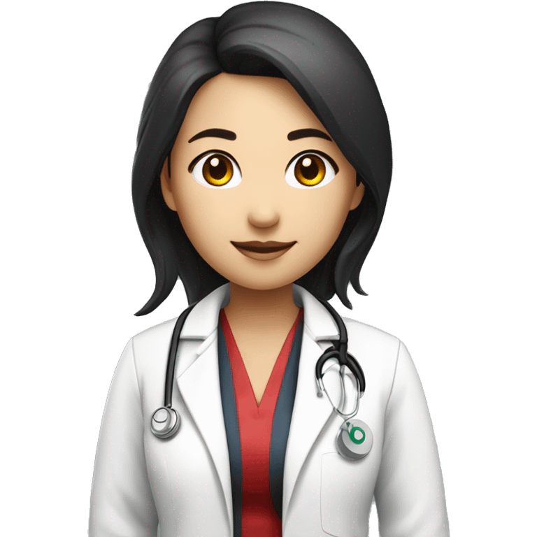 a young asian female doctor with a white coat and stethoscope around her neck with black and red highlighted hair of shoulder length full body emoji