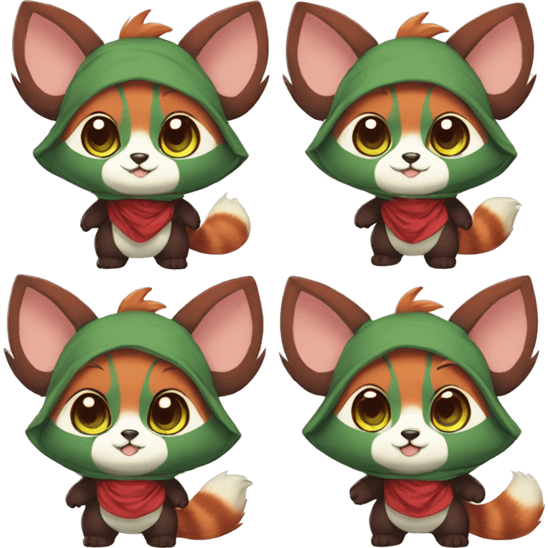 Cute, Chibi, Kemono-style, Anthro, Fur-Sona, Dark-Red, RedPanda-Mouse-hybrid-Fakémon, with a green bandana, full body emoji