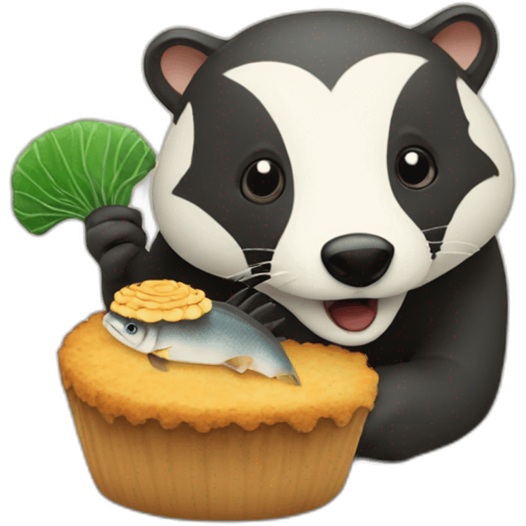 A badger with a Fish Cake with Swirl emoji