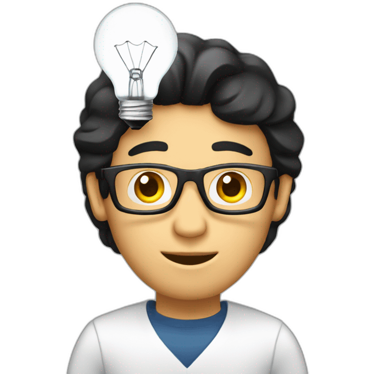 A white man with black hair working on a laptop with a lightbulb above his head emoji