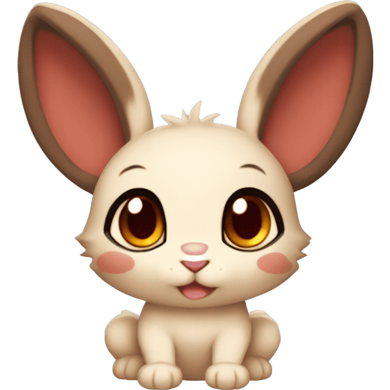 Cute, Chibi, Anthro, Fur-Sona, Dark-Brown, Normal-type-Ground-type Tan-Rabbit-Fakémon with Dark-Red eyes, beige belly, beige paws, beige feet, beige freckles, full body emoji