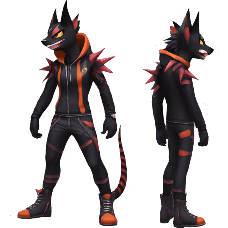 Cool Anthro Black Noivern-Litten-Pokémon with edgy stripes hoodie spiked collar punk Full Body emoji