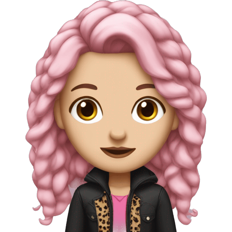 A WHITE GIRL WITH LONG EYELASHES, BLACK AND PINK HAIR AND A JACKET OF LEOPARD AND BLACK SHIRT  emoji