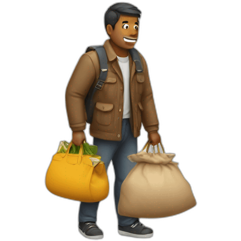 man with overloaded bag with money emoji