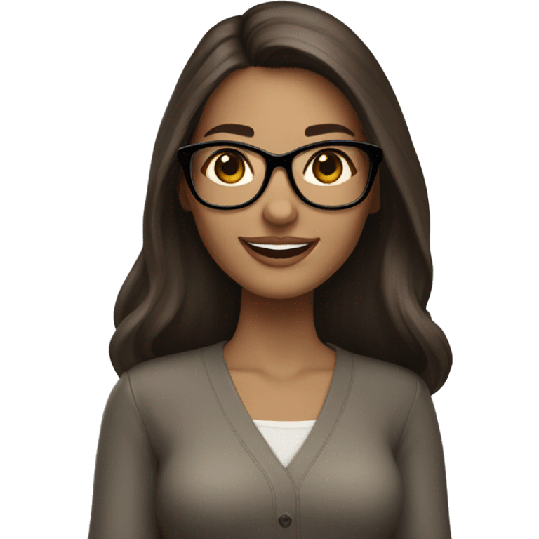 Light brunette woman, long dark hair, light brown eyes, smiling, big eyelashes, white glasses, with iPad in hand emoji