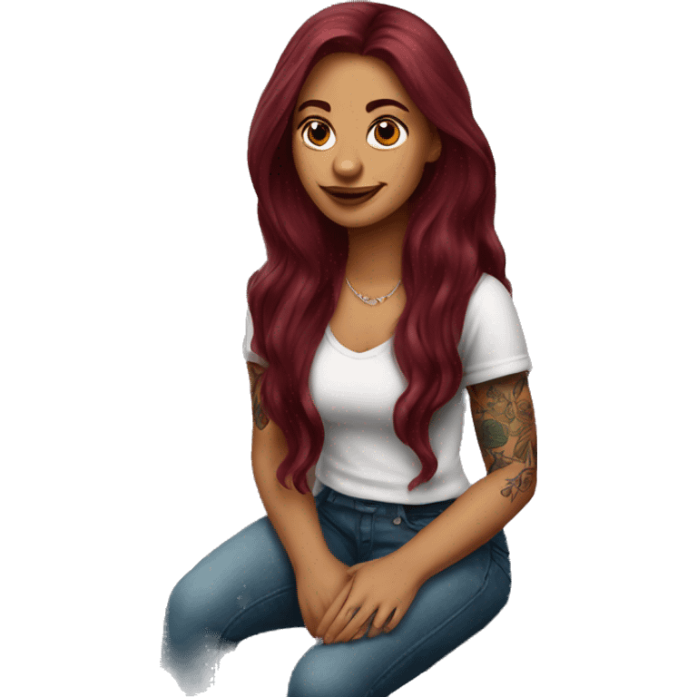 Beautiful tattooed burgundy long haired woman sitting on a bench emoji