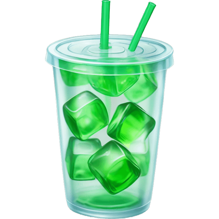 Realistic see through plastic cup and lid with half full Transluscent green soda,straw and large ice cubes inside. emoji