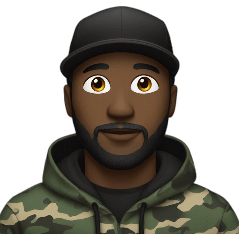 black man with a beard,camo hat, black hoodie emoji