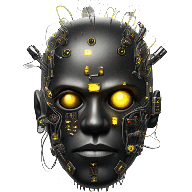 black metal cyborg head with circuitry, one artificial eyeball, and yellow Mohawk goatee emoji