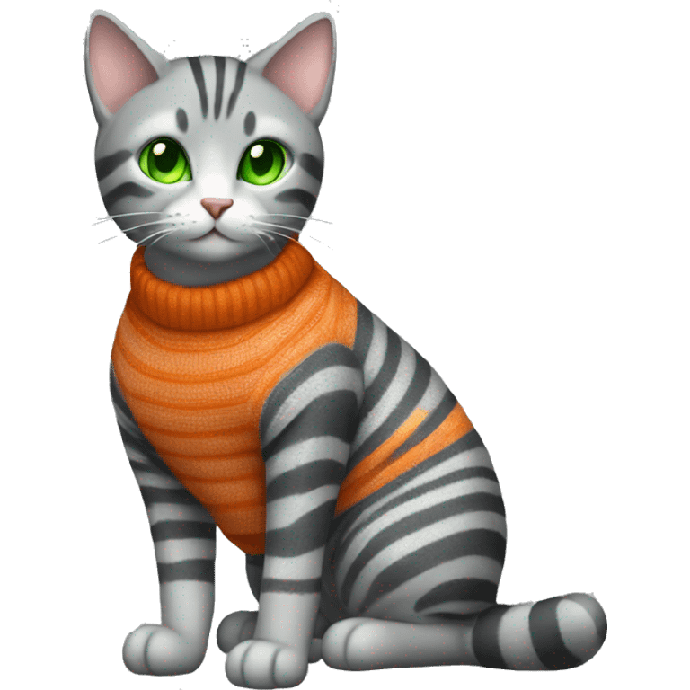 A striped grey cat with green eyes with orange sweater in full growth emoji