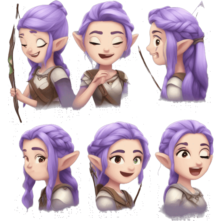 pale skin, braided purple hair, elf ears, archer girl , cry laughing , bow and arrows emoji