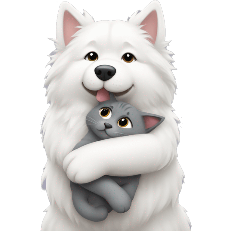 Samoyed hugging a full fluffy grey cat emoji