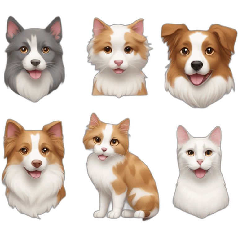 white and beige Australian shepherd, a dark gray cat and a white and ginger cat emoji