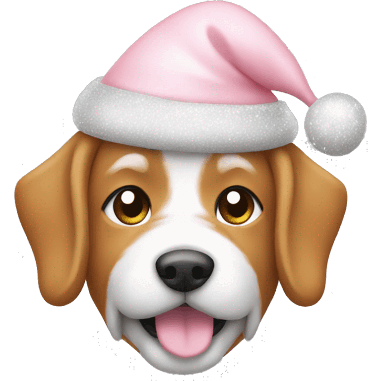 A peach color dog wearing a light Pink Santa hat with sparkles emoji