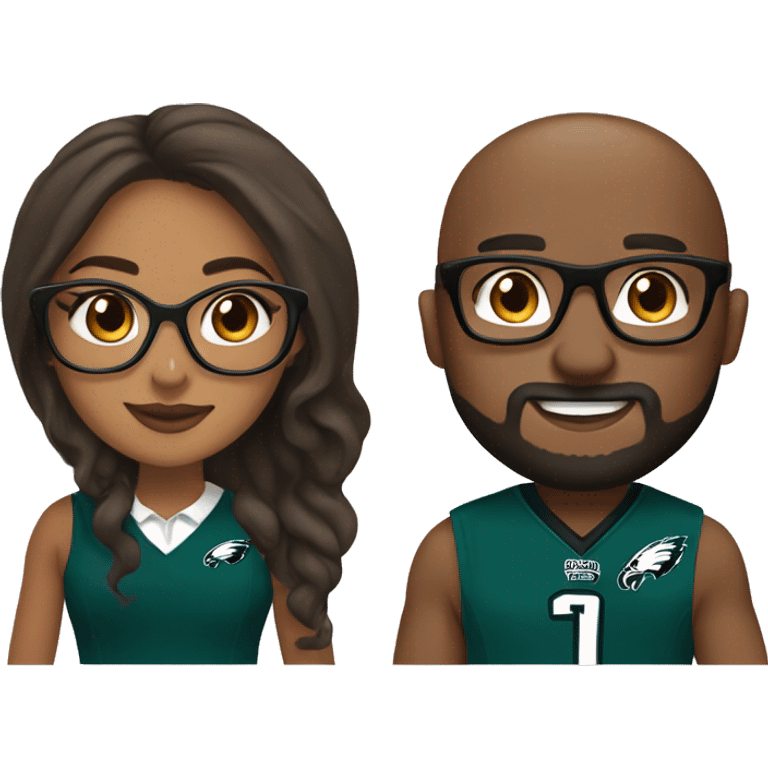 Brown skin girl wearing glasses holding hands with brown skin guy with beard wearing Philadelphia eagles clothing  emoji