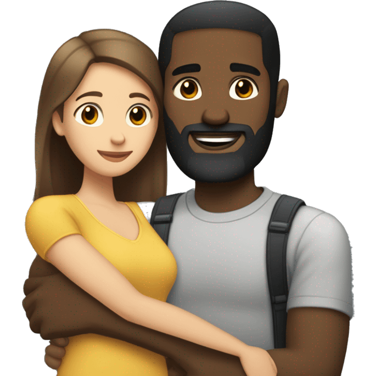 light skin woman with medium long straight brown hair hugging black man with very short dark hair and a long dark beard emoji