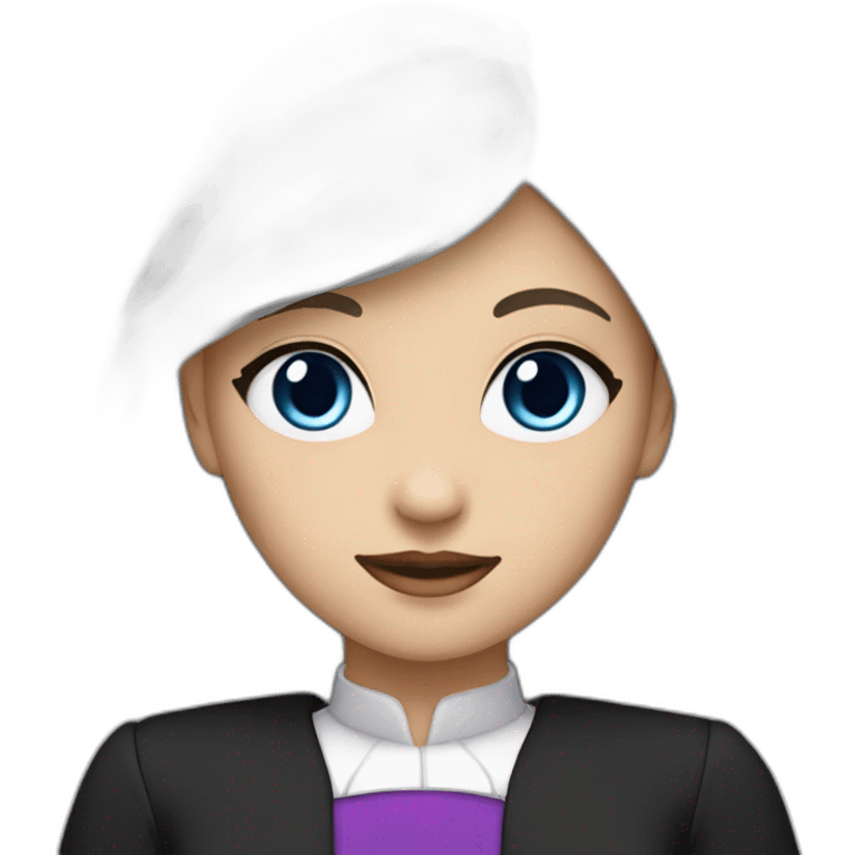 a girl with long straight white hair and purple at the ends,blue eyes and a small heart on the left cheek black dress with a collar roll black emoji