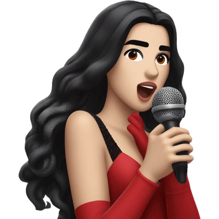 Dua Lipa with long dark hair and red gown and red gloves, singing with an old microphone emoji