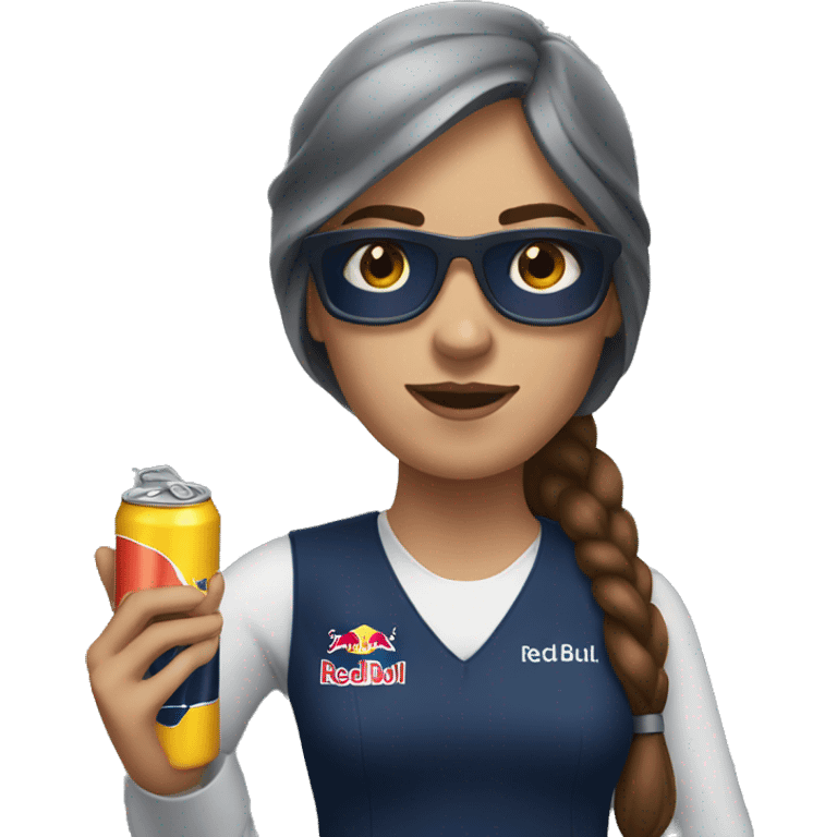 White woman with brown hair working with Red Bull emoji