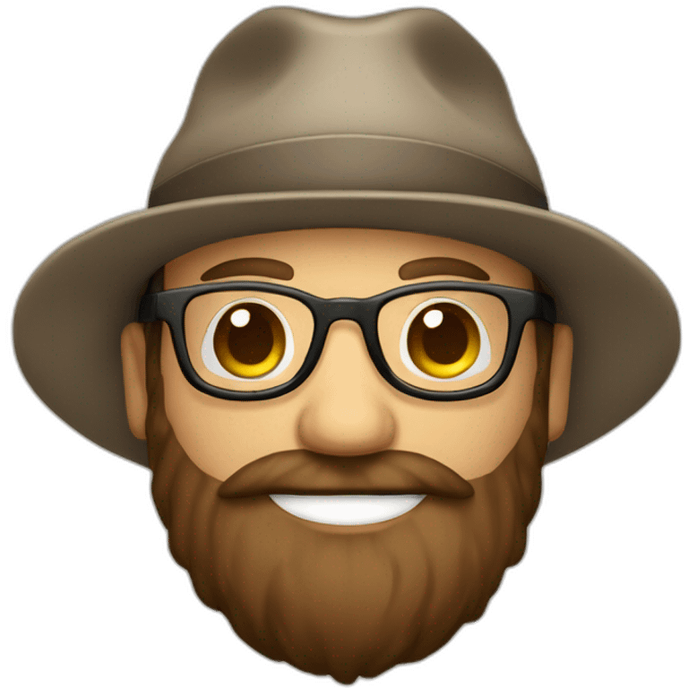 happy smile gardener face long dark beard and bald dark hair round glasses brown eyes and a hat emoji