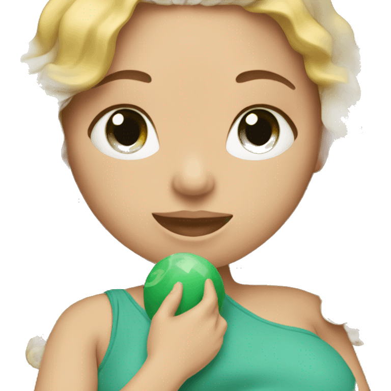 A pregnant Woman with long curly blond Hair and green eyes is pregnant. emoji