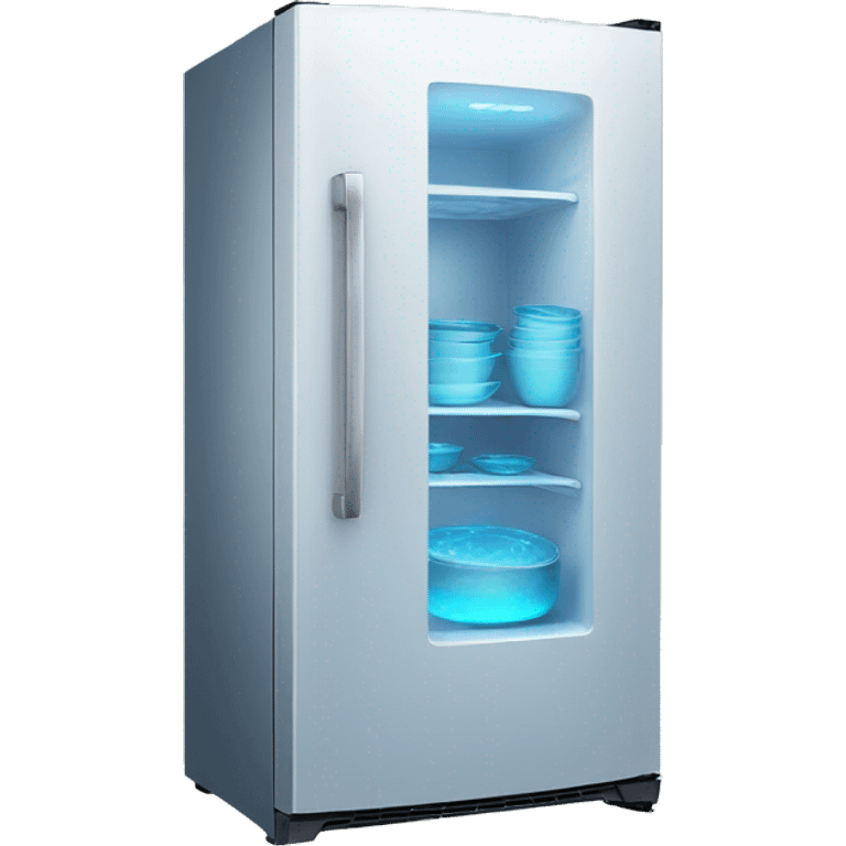 fridge with blue hologram dishes emoji